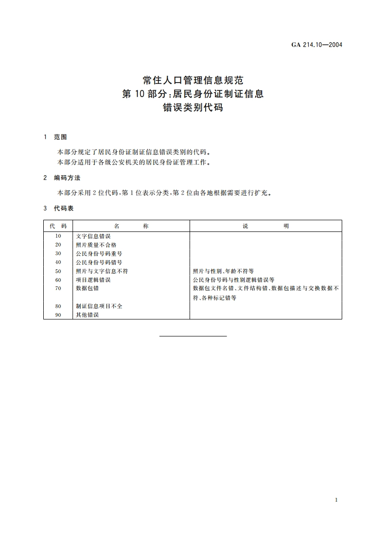 常住人口管理信息规范 第10部分：居民身份证制证信息错误类别代码 GA 214.10-2004.pdf_第3页