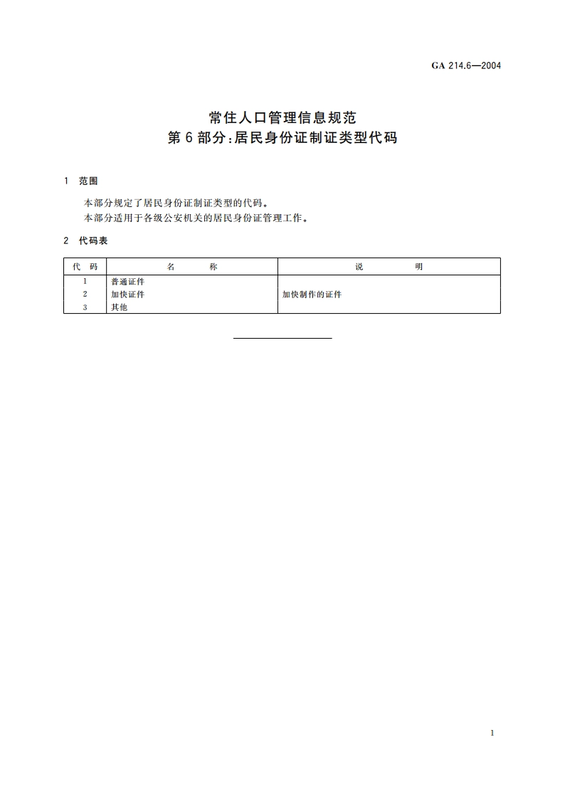 常住人口管理信息规范 第6部分：居民身份证制证类型代码 GA 214.6-2004.pdf_第3页