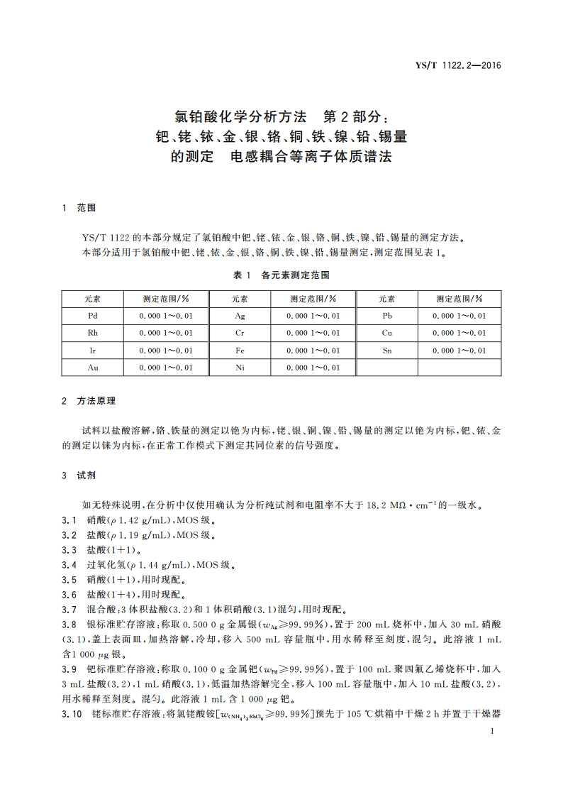 氯铂酸化学分析方法 第2部分：钯、铑、铱、金、银、铬、铜、铁、镍、铅、锡量的测定 电感耦合等离子体质谱法 YST 1122.2-2016.pdf_第3页