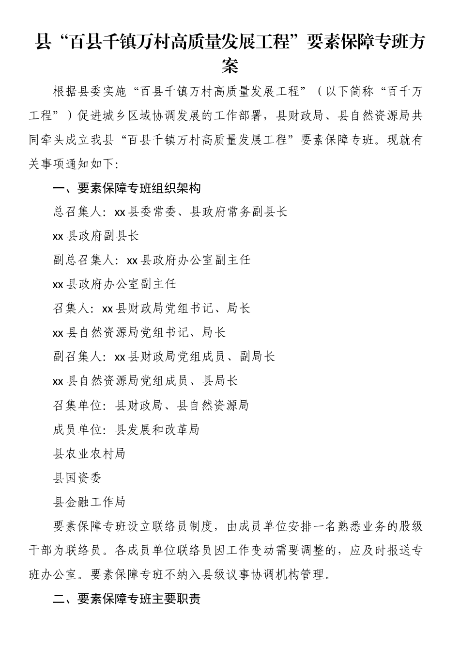2024年县“百县千镇万村高质量发展工程”要素保障专班方案 .docx_第1页