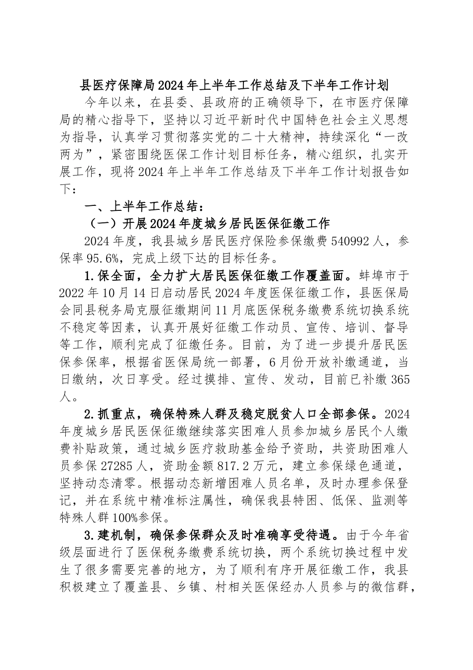 县医疗保障局2024年上半年工作总结及下半年工作计划 .docx_第1页
