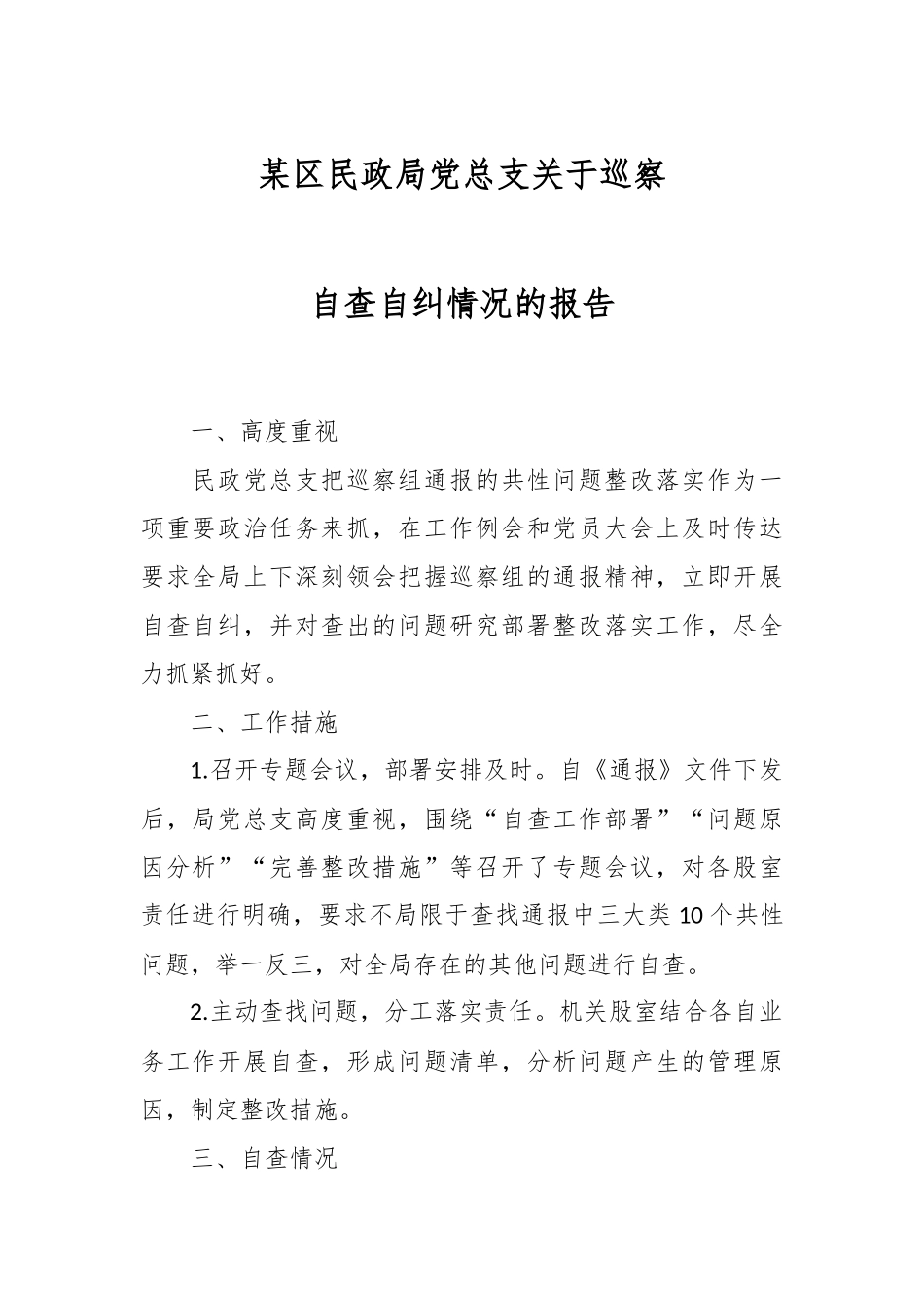 2024年某区民政局党总支关于巡察自查自纠情况的报告 .docx_第1页