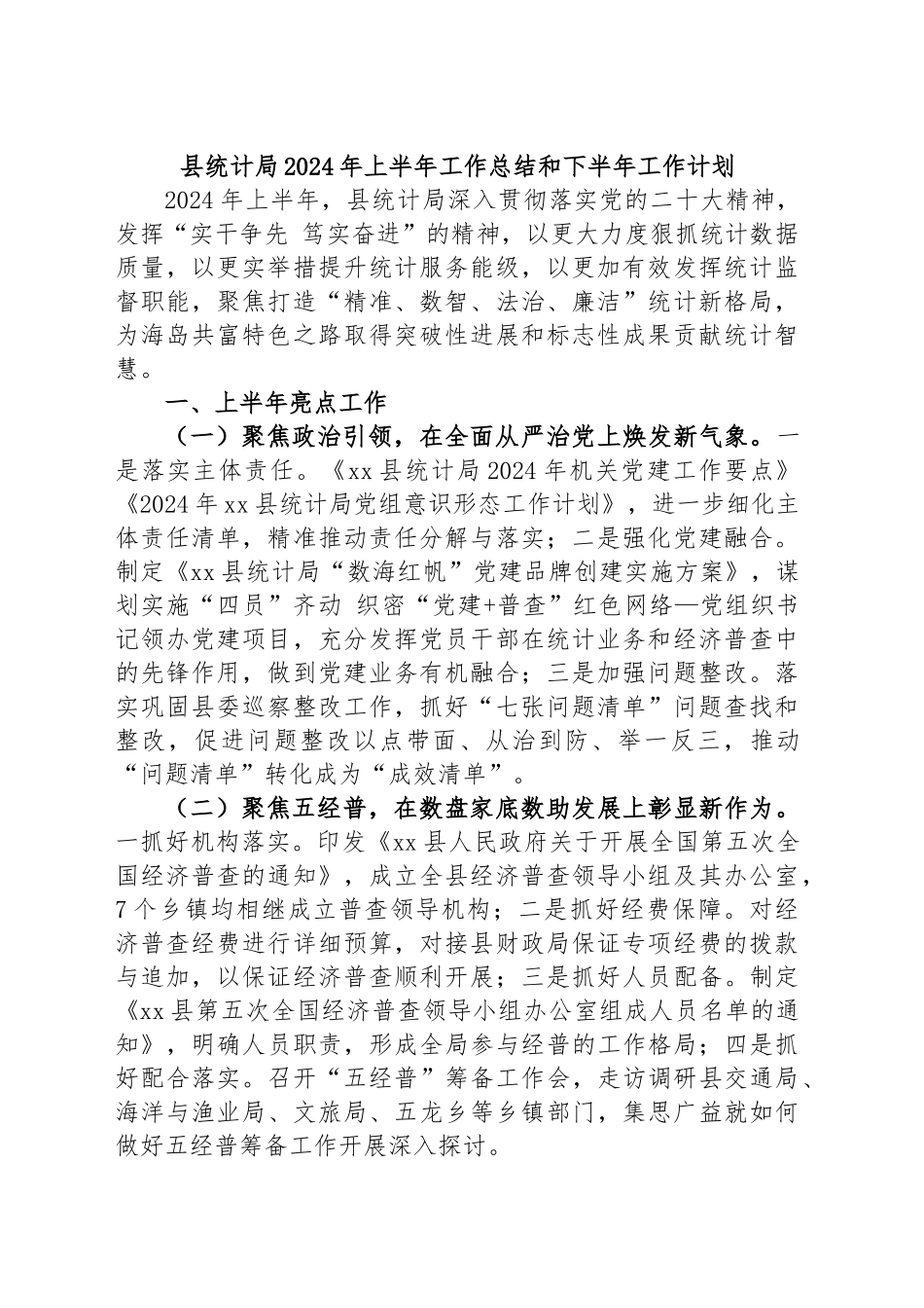 县统计局2024年上半年工作总结和下半年工作计划 .docx_第1页