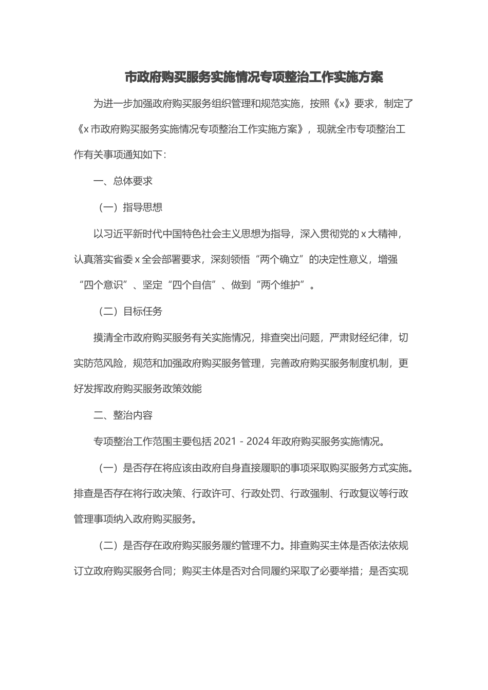 2024年市政府购买服务实施情况专项整治工作实施方案 .docx_第1页