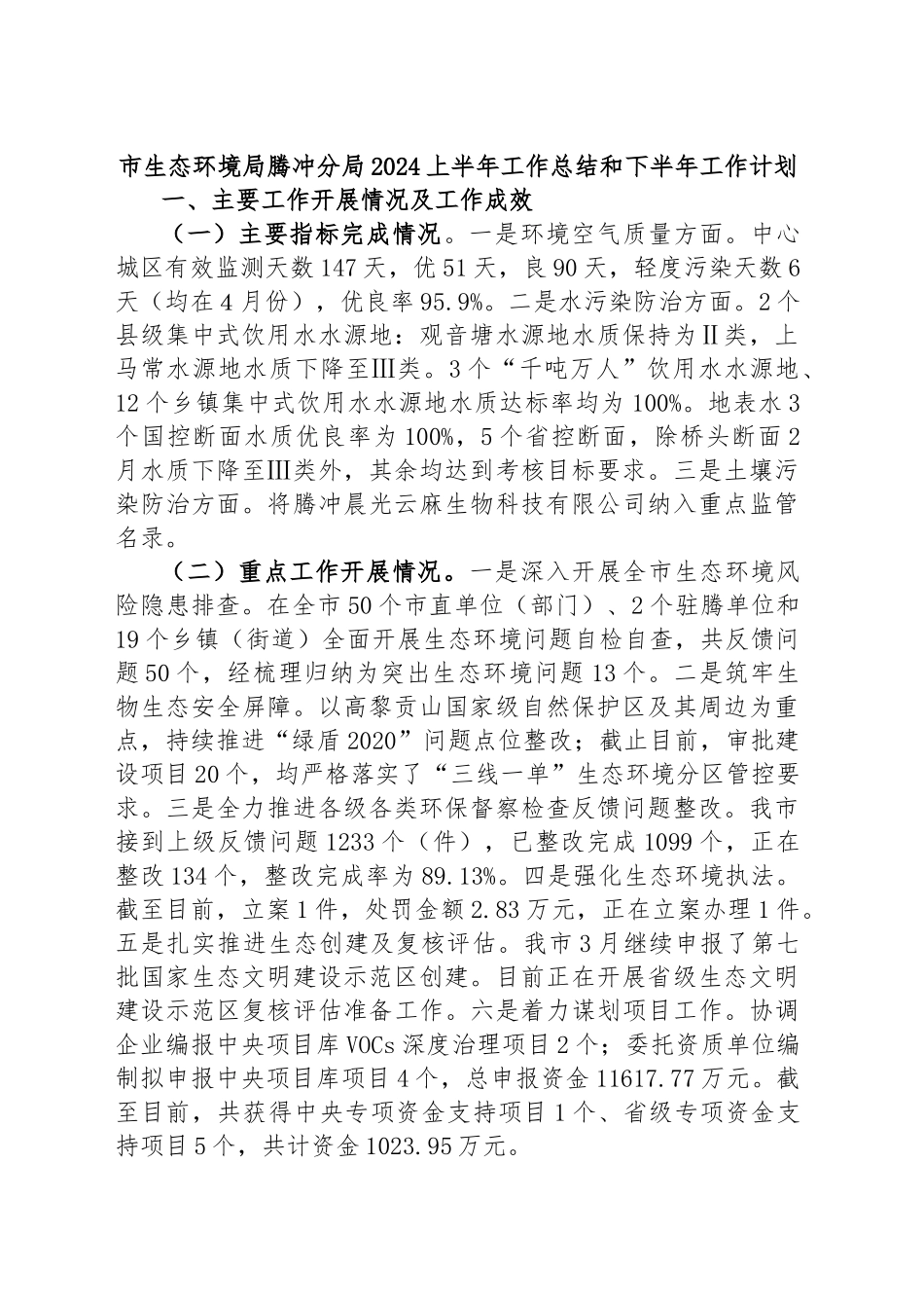 市生态环境局分局2024上半年工作总结和下半年工作计划 .docx_第1页