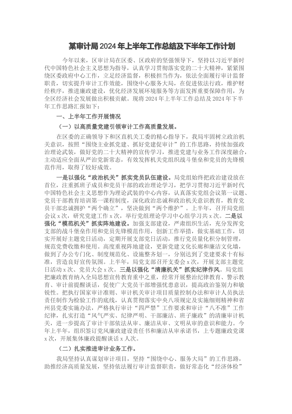 某审计局2024年上半年工作总结及下半年工作计划 .docx_第1页