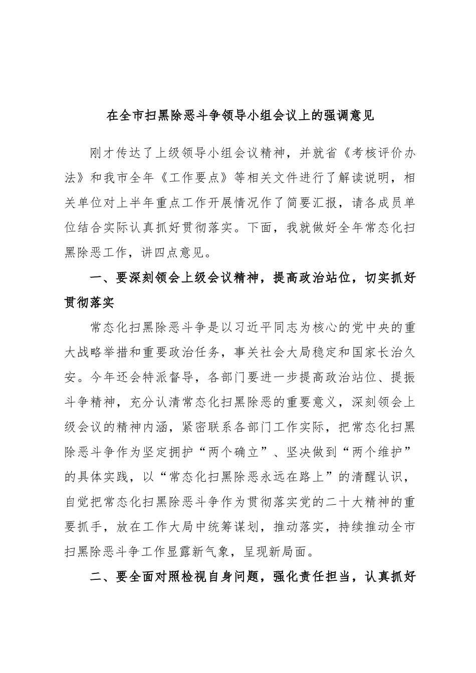 在全市扫黑除恶斗争领导小组会议上的强调意见.docx_第1页