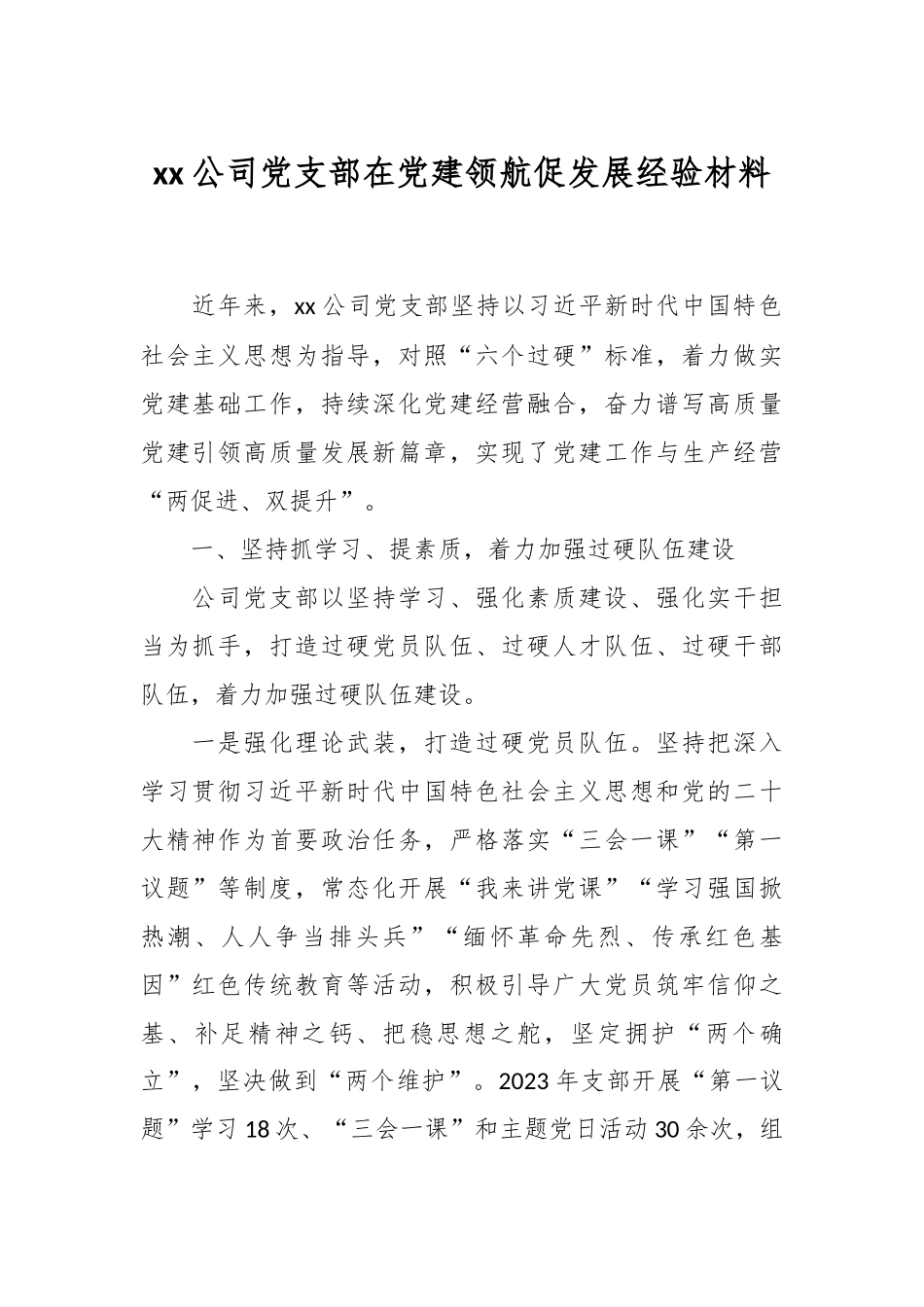 XX公司党支部在党建领航促发展经验材料.docx_第1页