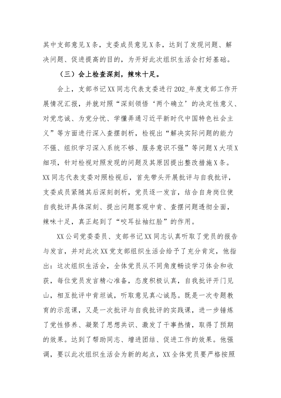 202_年度公司党支部关于组织生活会召开情况的报告范文.docx_第3页