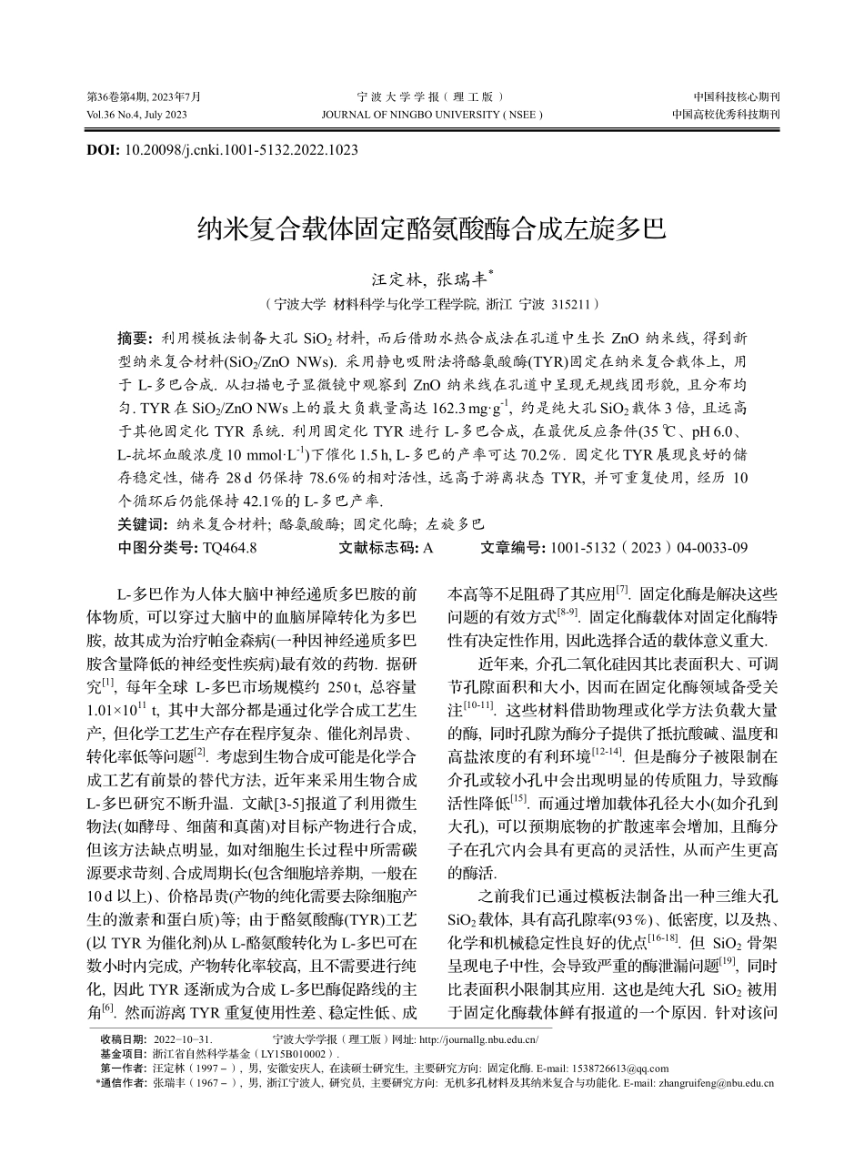 纳米复合载体固定酪氨酸酶合成左旋多巴_汪定林.pdf_第1页