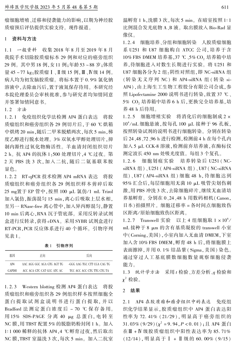 AP4在人脑胶质瘤组织中的表达及其对胶质瘤细胞增殖、迁移和侵袭的影响.pdf_第2页