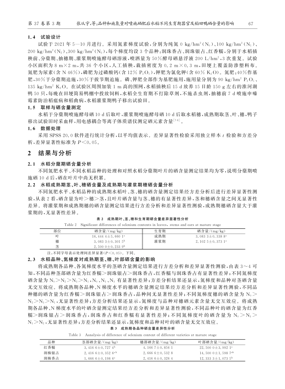 品种和施氮量对喷施硒肥后水稻不同生育期器官及稻田鸭硒含量的影响.pdf_第3页
