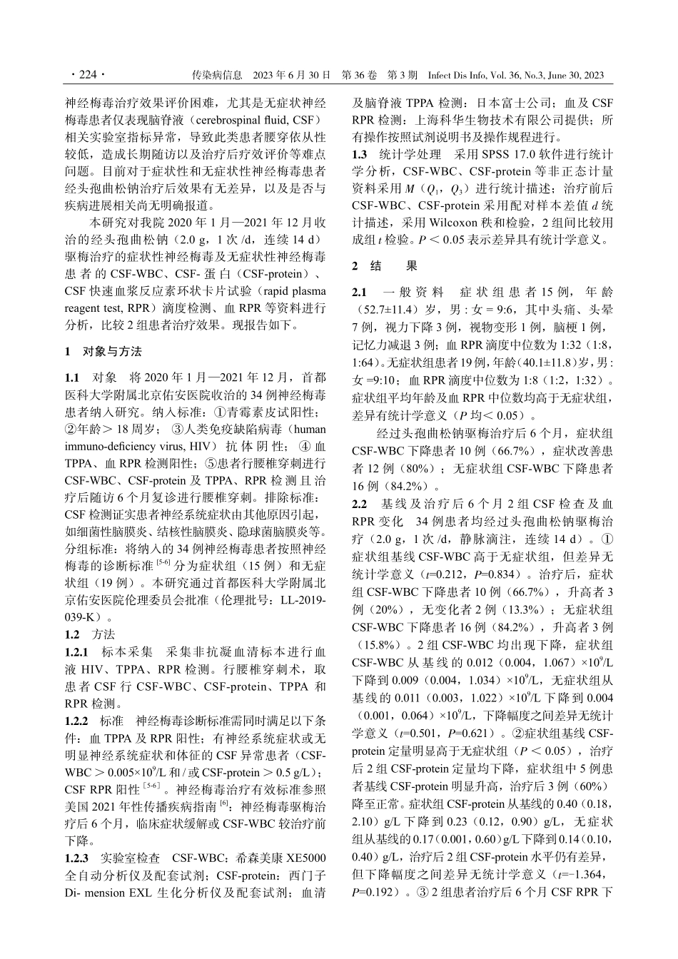 不同类型神经梅毒经头孢曲松钠治疗后6个月临床及实验室特征分析.pdf_第2页