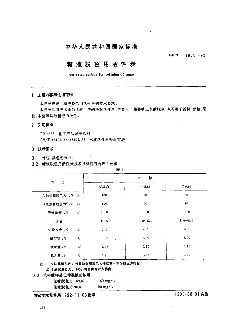 GBT 13805-1992 糖液脱色用活性炭.pdf_第1页