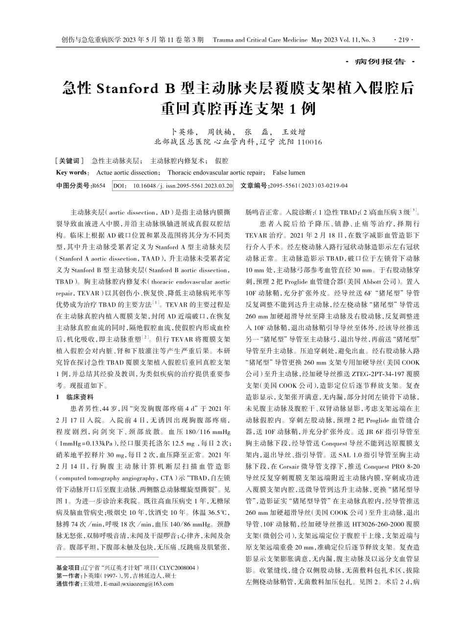 急性Stanford B型主动脉夹层覆膜支架植入假腔后重回真腔再连支架1例.pdf_第1页