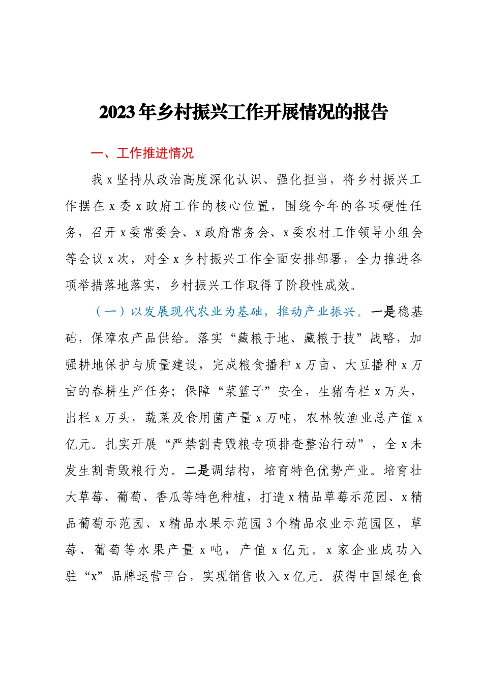 2023年乡村振兴工作开展情况的报告.docx_第1页