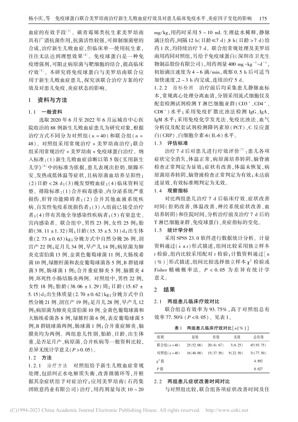 免疫球蛋白联合美罗培南治疗...疫水平、炎症因子变化的影响_杨小庆.pdf_第2页