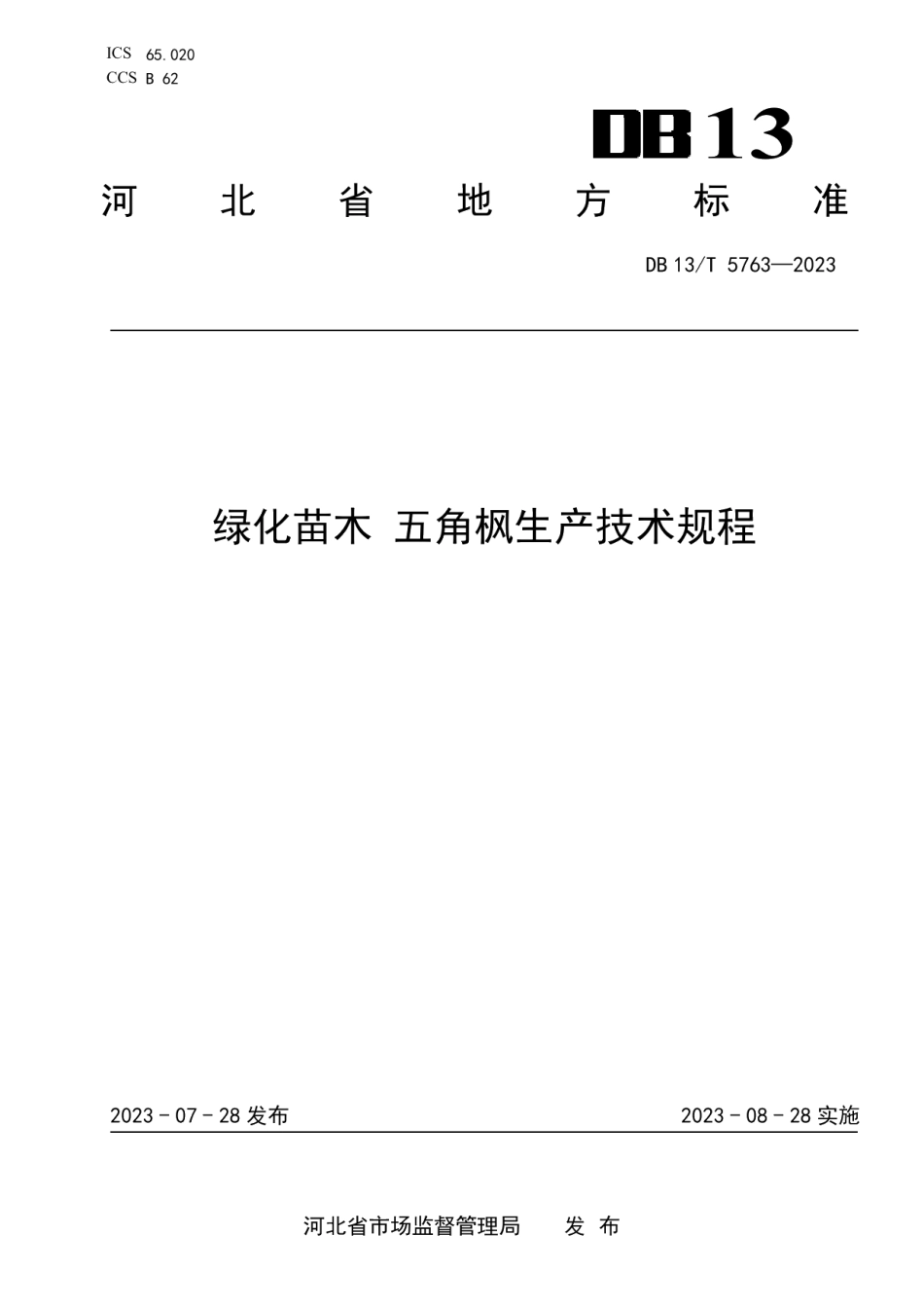DB13T 5763-2023绿化苗木 五角枫生产技术规程.pdf_第1页