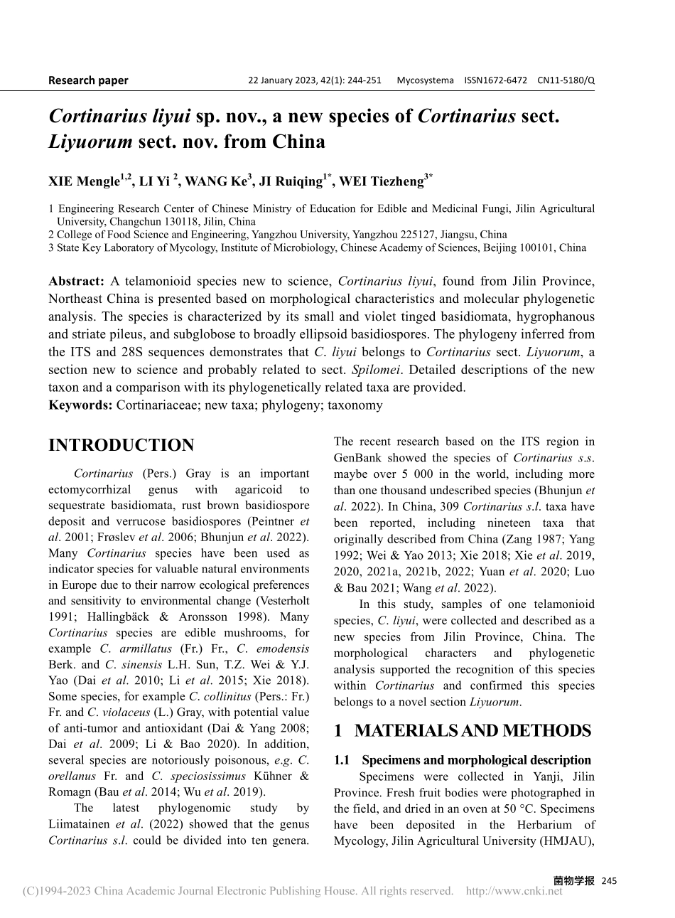 中国丝膜菌属李玉丝膜菌组一新种：李玉丝膜菌（英文）_谢孟乐.pdf_第2页