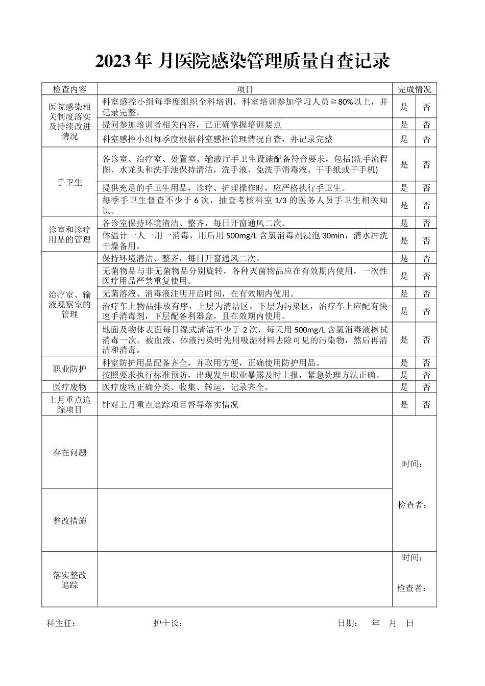 2023年 月医院感染管理质量自查记录表格.docx_第1页