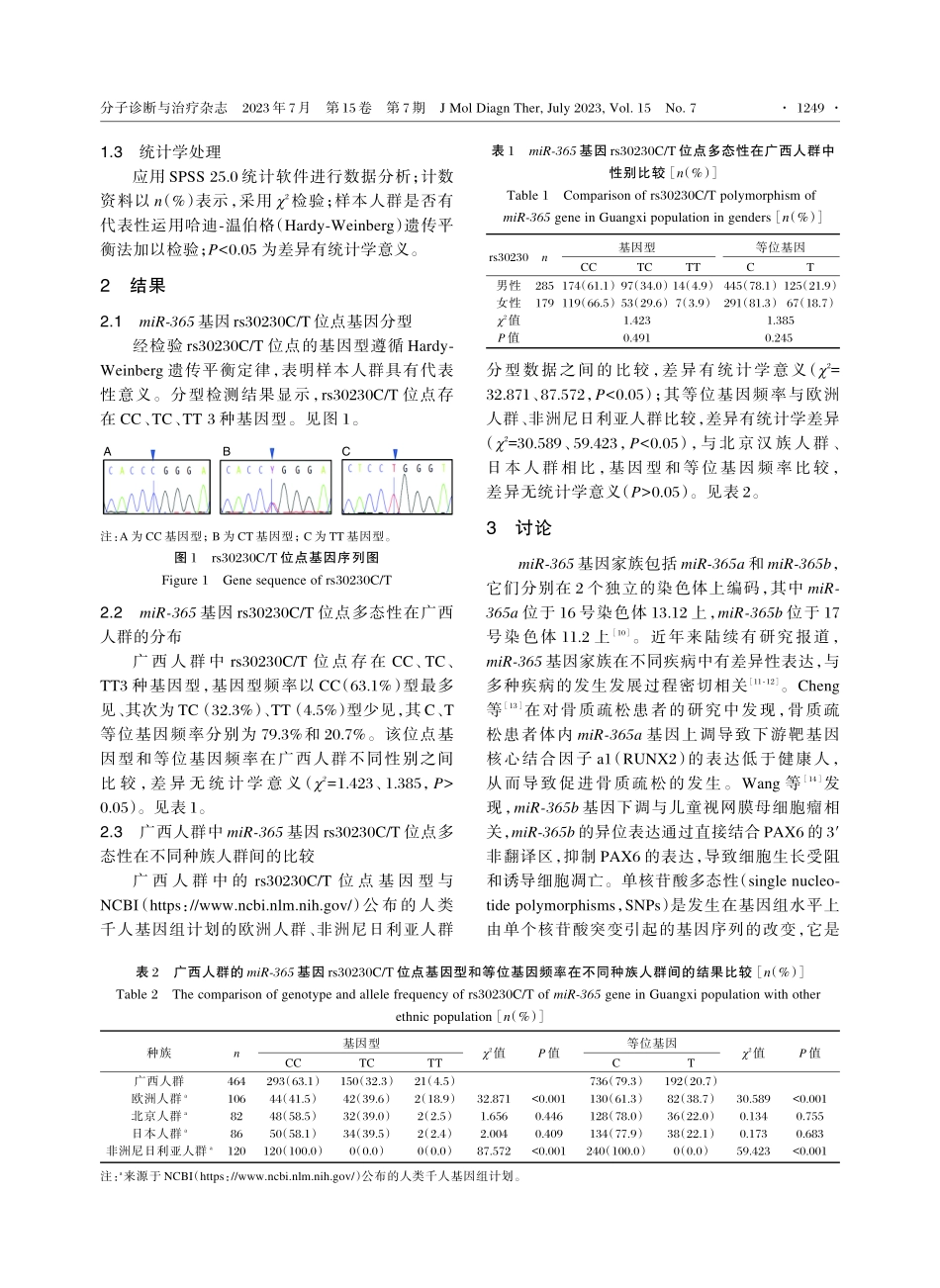 464例广西人群miR⁃365基因rs30230C_T遗传多态性研究.pdf_第3页