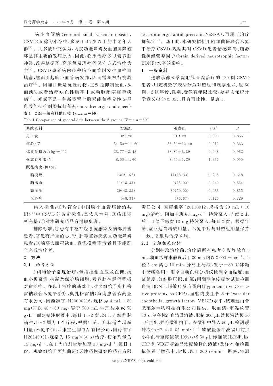 阿加曲班联合米氮平对脑小血管病患者脑源性神经营养因子水平的影响.pdf_第2页
