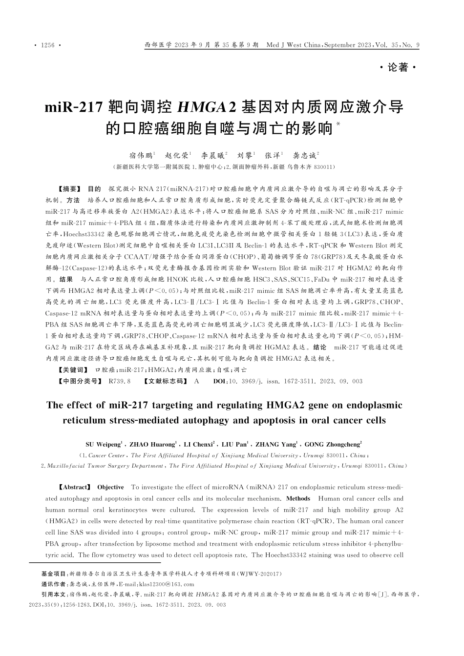 miR-217靶向调控HMGA 2基因对内质网应激介导的口腔癌细胞自噬与凋亡的影响.pdf_第1页