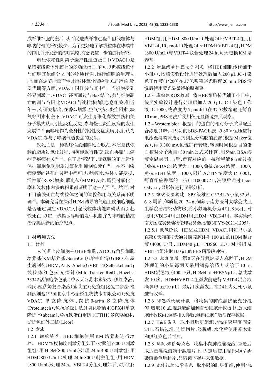 VDAC1通过诱导气道上皮细胞铁死亡参与屋尘螨诱导的哮喘小鼠气道炎症.pdf_第2页