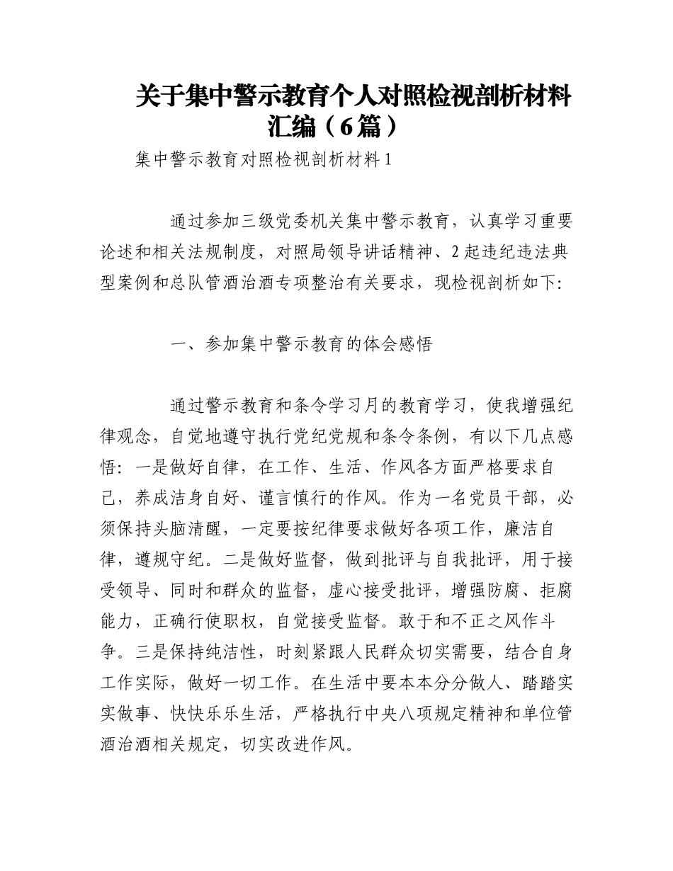 2023年（6篇）关于集中警示教育个人对照检视剖析材料汇编.docx_第1页