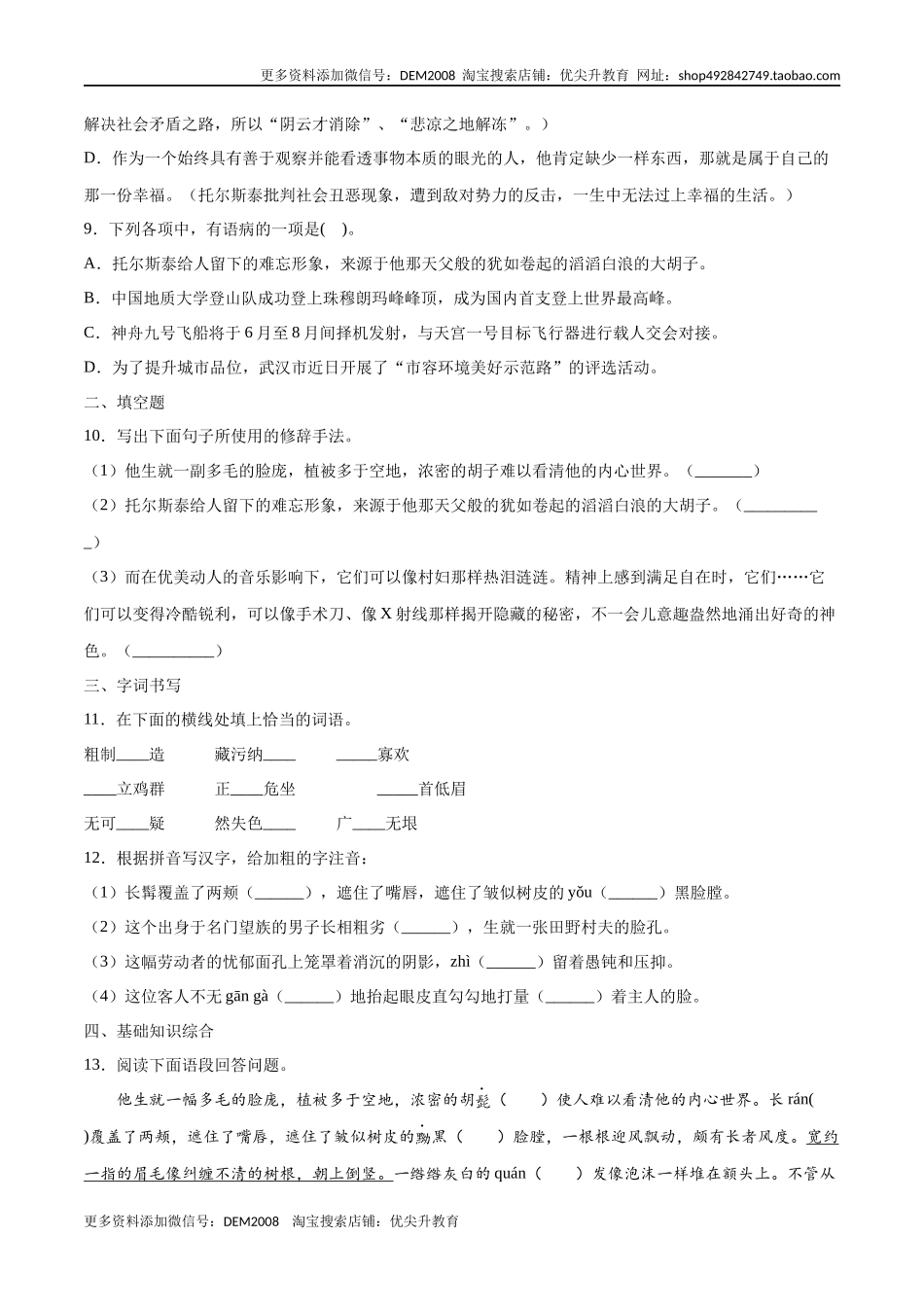 第08课 列夫·托尔斯泰(提升训练)(原卷版).docx_第3页