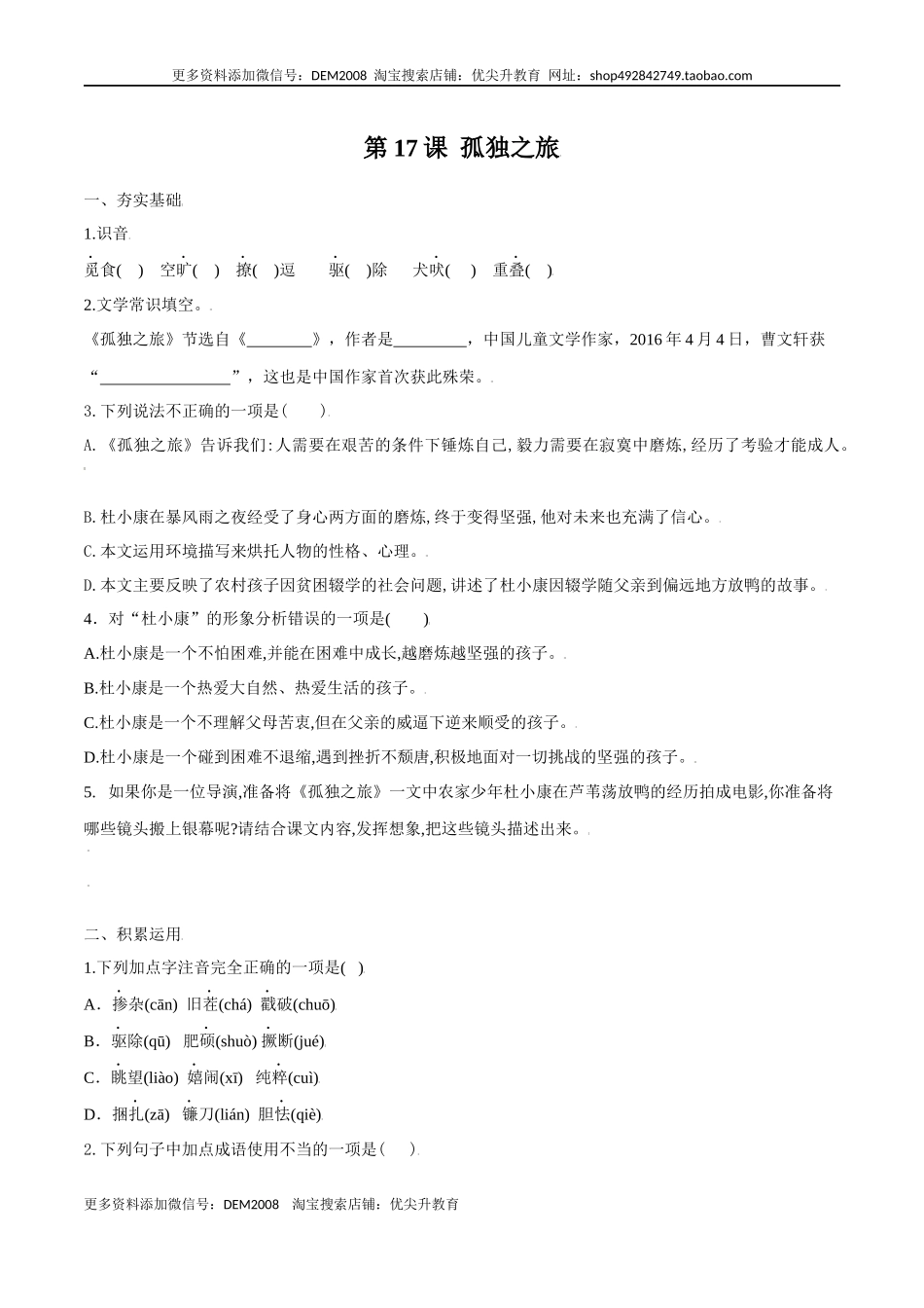 第17课 孤独之旅（原卷版）.docx_第1页