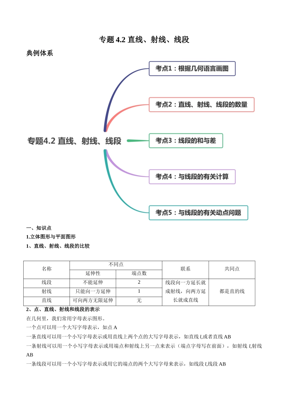4.2 直线、射线、线段讲练（原卷版）（人教版）.docx_第1页