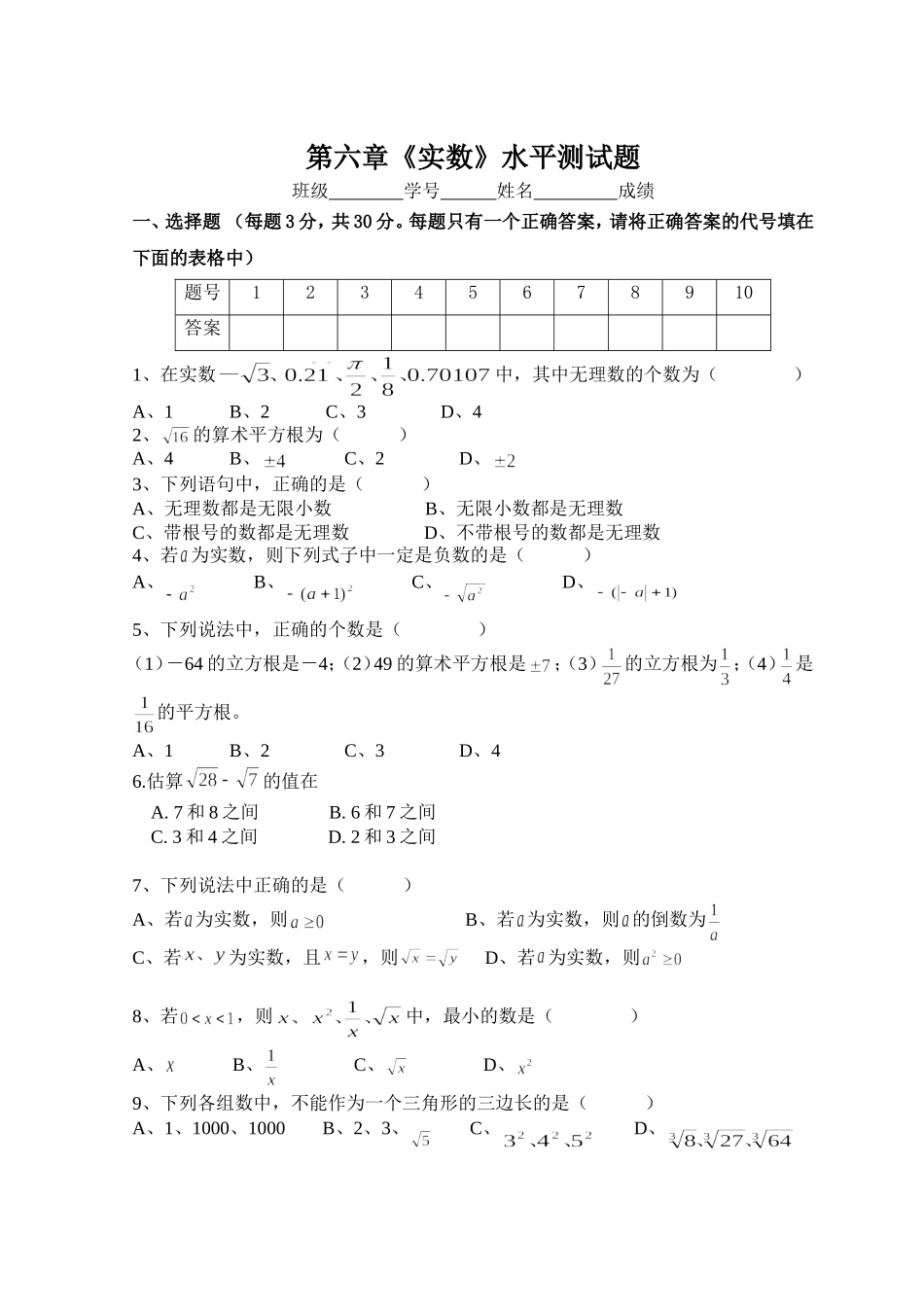 新人教（七下）第6章 实数 综合水平测试题1.doc_第1页