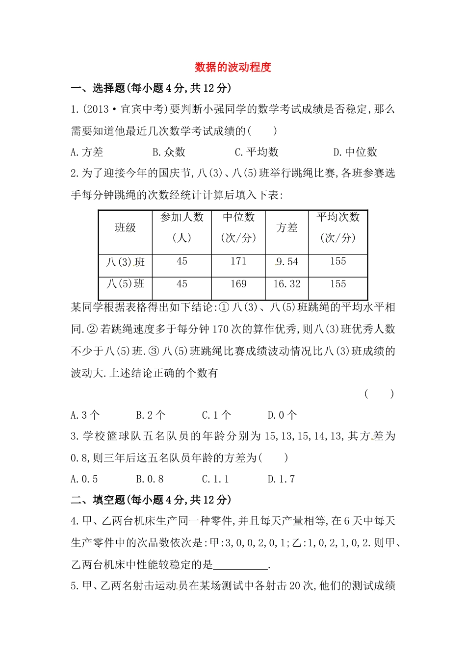 八年级数学下册知识点汇聚测试卷：数据的波动程度深入测试（含详解）.doc_第1页