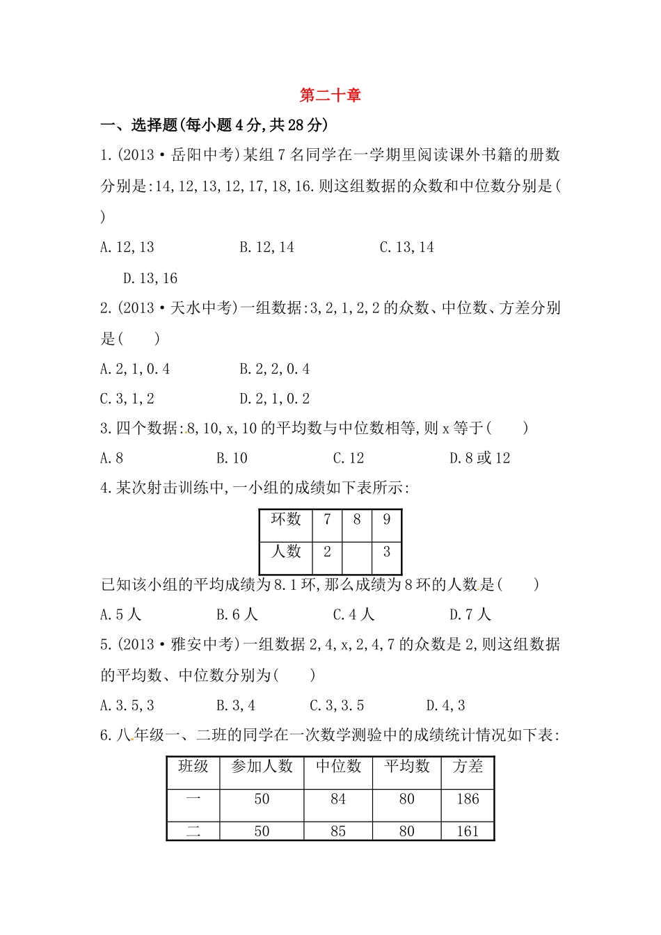 八年级数学下册知识点汇聚单元测试：第二十章（含详解）.doc_第1页