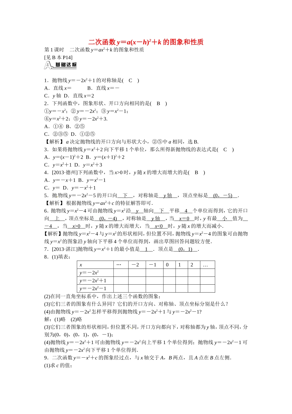 九年级数学上册22.1.3+二次函数y＝a(x－h)2+k的图象和性质同步测试+新人教版.doc_第1页