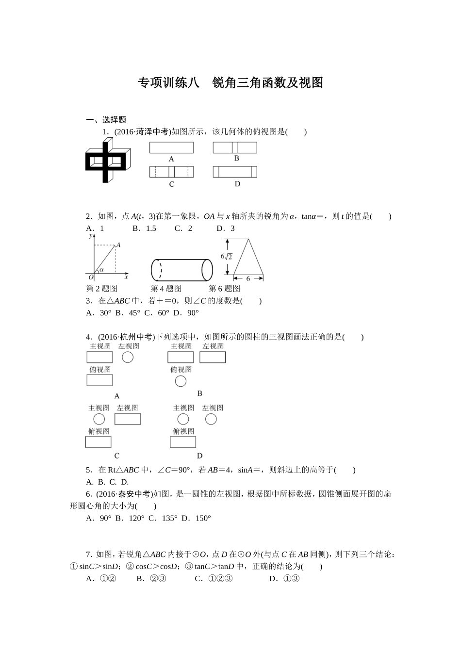 专项训练八　锐角三角函数及视图.doc_第1页
