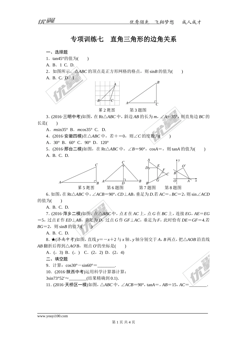 专项训练七　直角三角形的边角关系.doc_第1页