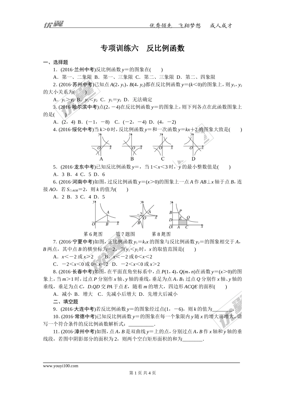 专项训练六　反比例函数.doc_第1页
