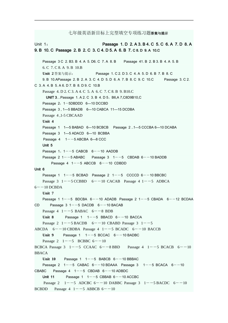 七年级英语新目标上完型填空专项练习题答案与提示.doc_第1页