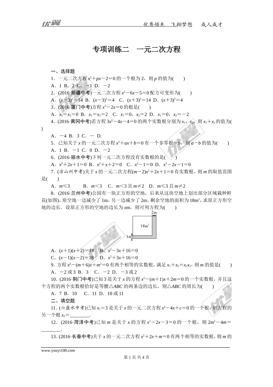 专项训练二　一元二次方程.doc_第1页