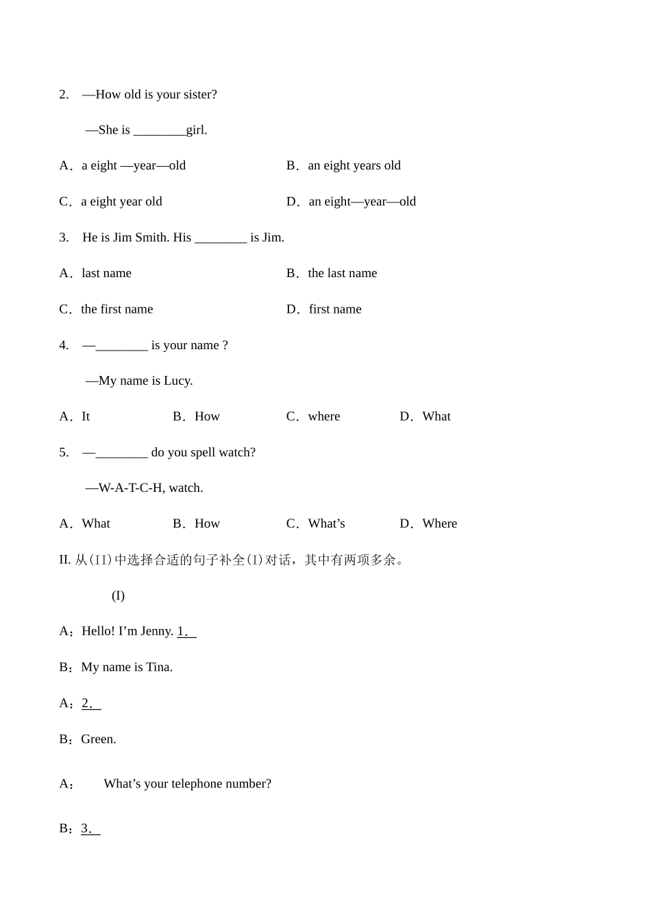 Unit 1 My name is Gina. 单元综合能力训练 人教版英语七年级上册（有答案） .doc_第2页