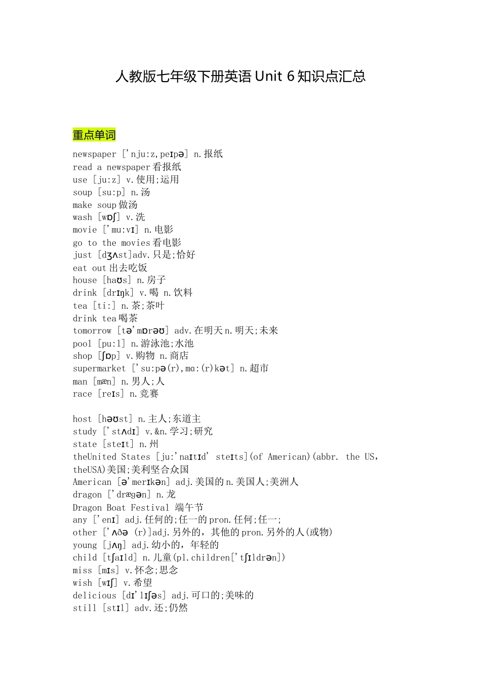 七年级英语下册Unit 6重点知识汇总.docx_第1页