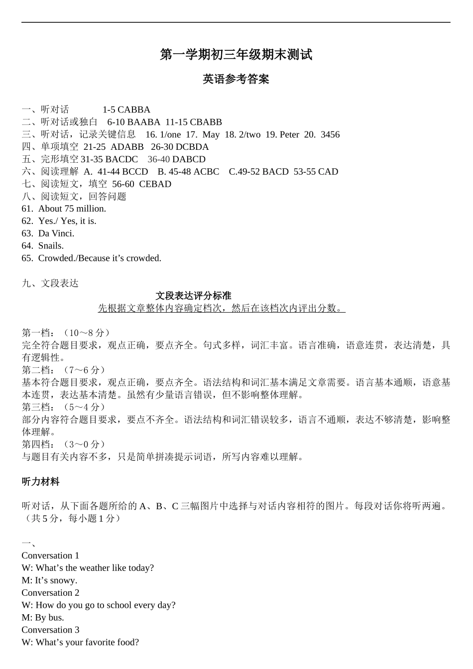 九年级上学期期末考试英语试题答案.docx_第1页