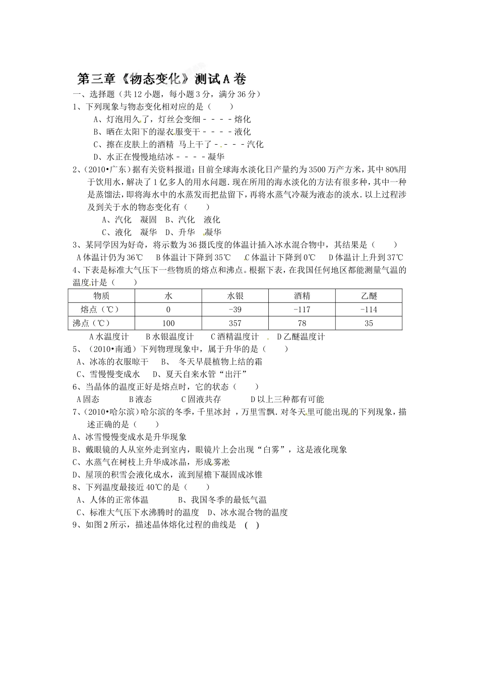 级物理上册第三章《物态变化》测试卷a.doc_第1页