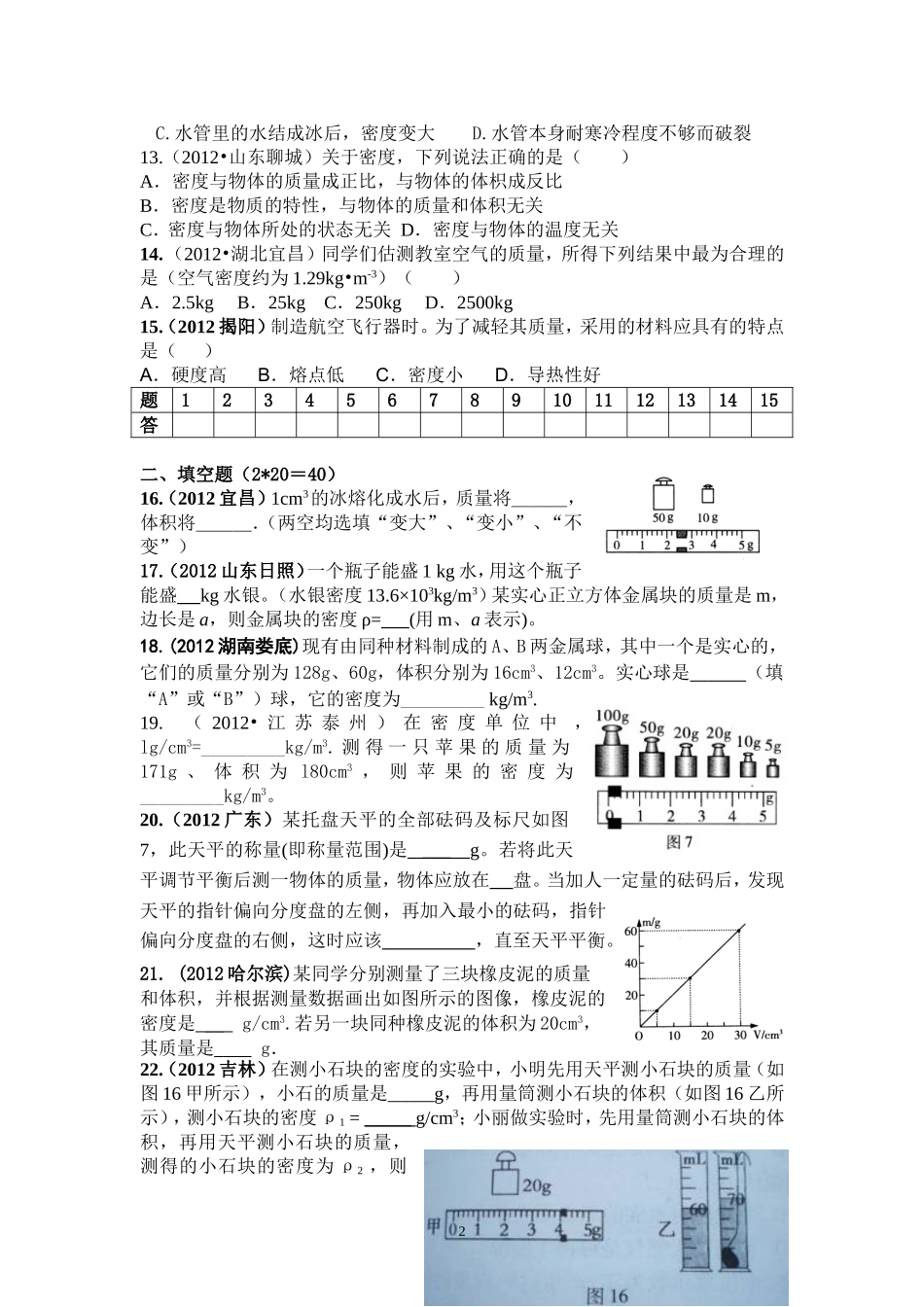 8年级物理 第6章 质量与密度 精选测试题（含答案）.doc_第2页