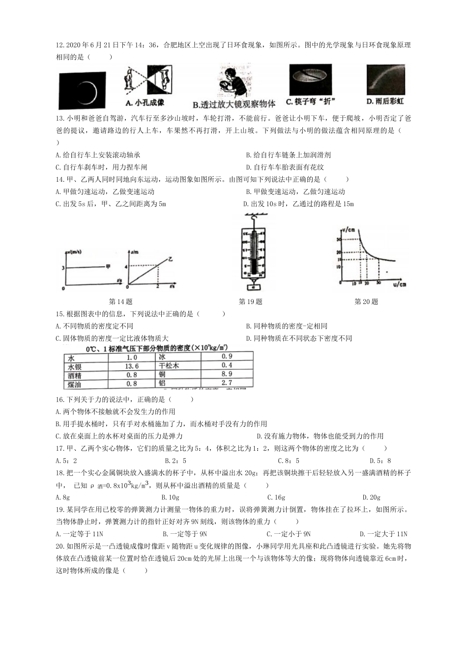 安徽省合肥市蜀山区2020-2021学年八年级上学期期末质量检测物理试题.doc_第2页