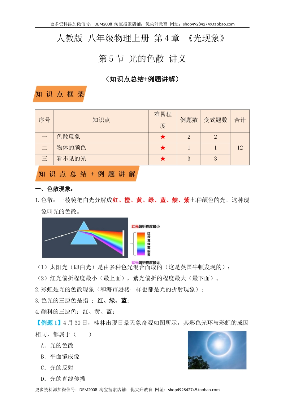 4.5光的色散（知识点+例题）（原卷版）.docx_第1页