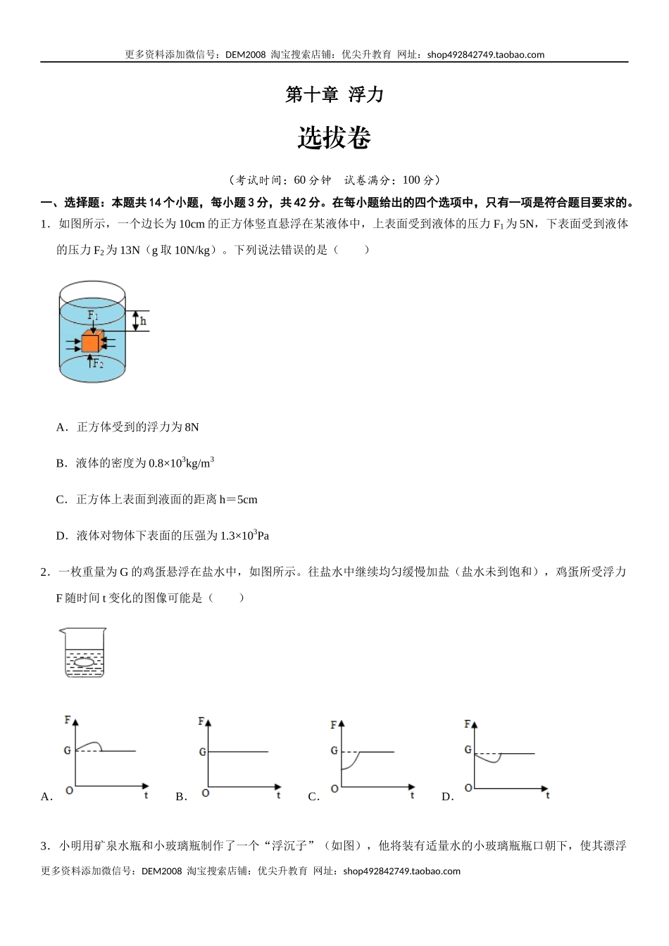 第十章 浮力（选拔卷）-【单元测试】（人教版）（原卷版）.docx_第1页