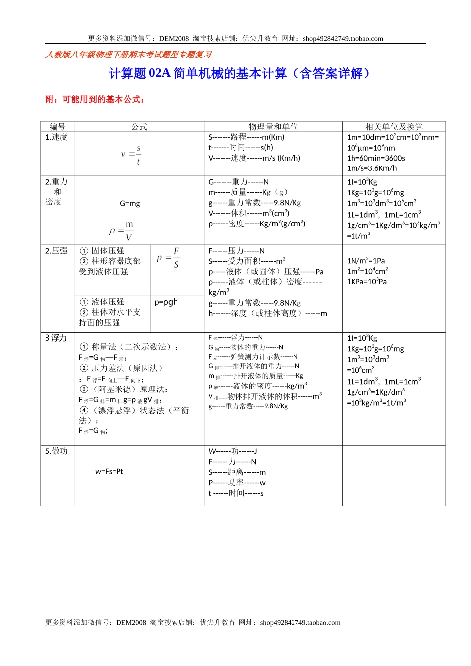 计算题02A简单机械的基本计算（含答案详解）.docx_第1页